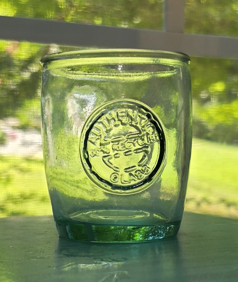 San Miguel Authentic 100% Recycled Glass Embossed Drinking Cup 4" Tall- VGC